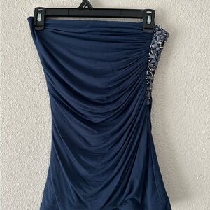 Elegant Navy Blue Ruched Top with Beaded Detail